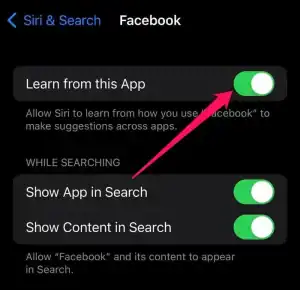 انقر فوق هذا التبديل لإيقاف تشغيل اقتراحات Siri لتطبيق معين