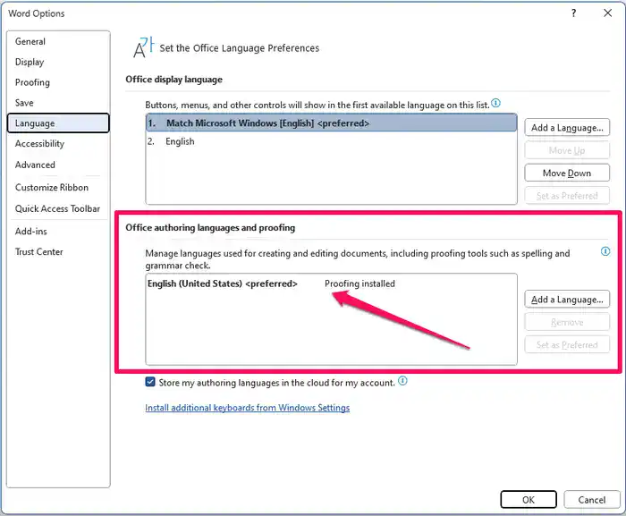  قد لا يعمل التدقيق الإملائي بشكل صحيح لأن Word قد تم تكوينه للغة تدقيق خاطئة