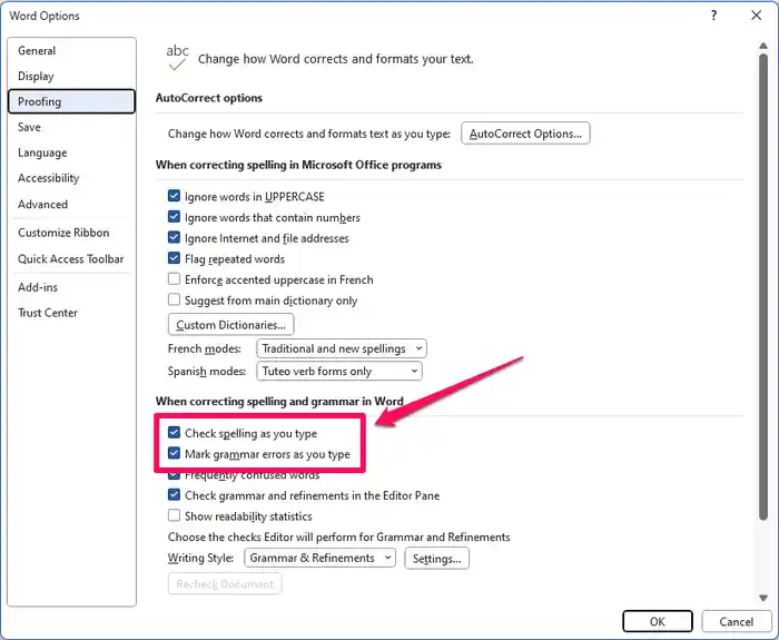 تأكد من تكوين Word للتدقيق الإملائي أثناء الكتابة