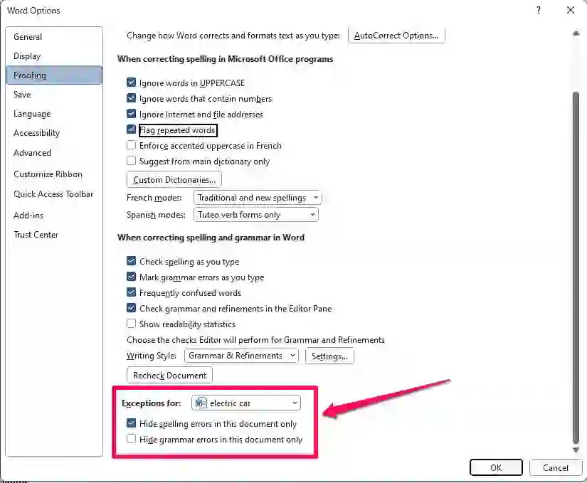 إذا تم إعداد المستند الخاص بك مع استثناء إملائي ، فلن يقوم Word بالتدقيق الإملائي له تلقائيًا