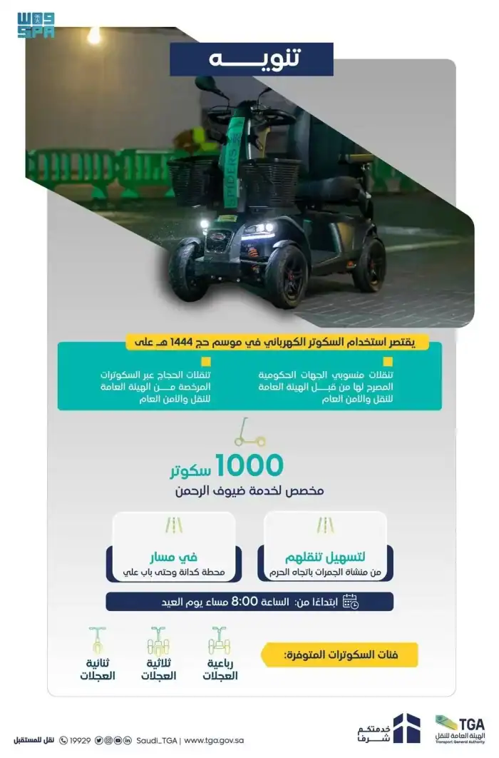  النقل: استخدام السكوتر الكهربائي خلال موسم الحج 1444هـ مقتصر على منسوبي الجهات الحكومية    