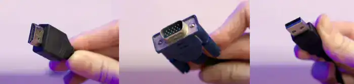 تتضمن توصيلات الشاشة الشائعة HDMI وVGA وUSB، الموضحة هنا على التوالي. من الداخل